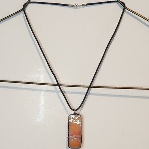 Silvertone wire wrapped Carnelian Agate pendant Necklace on cord chain